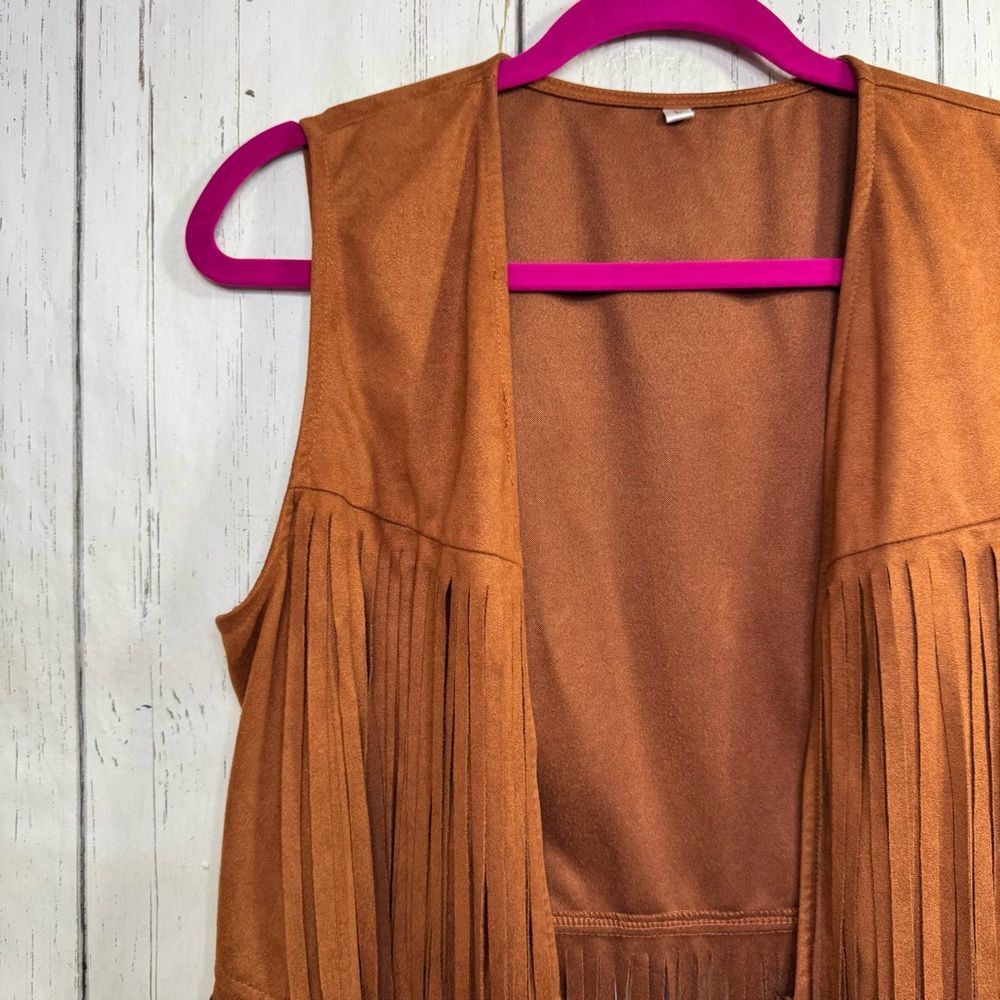 Brown Faux Suede Fringe Vest L Western Boho Chic Rodeo Festival Cowgirl Country - Picture 2 of 12